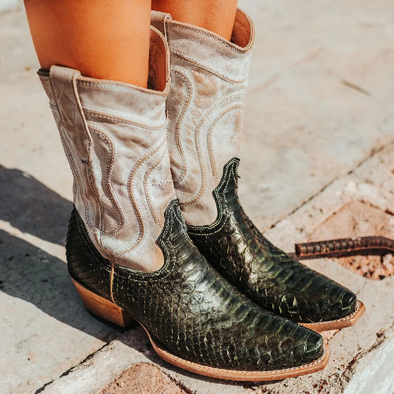 Women's Wedge - Heeled Ankle Boots in Navy Blue for a Comfortable and Trendy OptionWarrick - Olive Python Multi