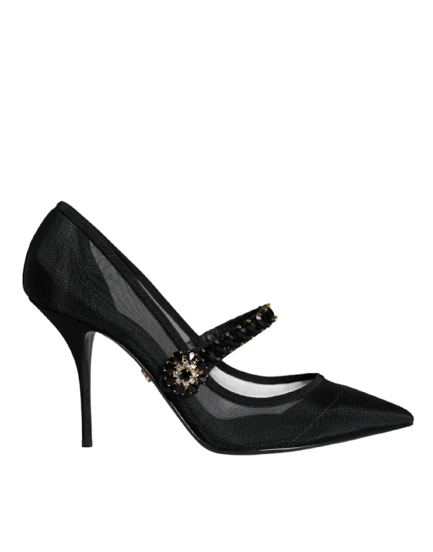 Women's ruffled stiletto heel pumps for a romantic styleDolce & Gabbana  Mesh Mary Jane Crystal Heel Pumps Women's Shoes