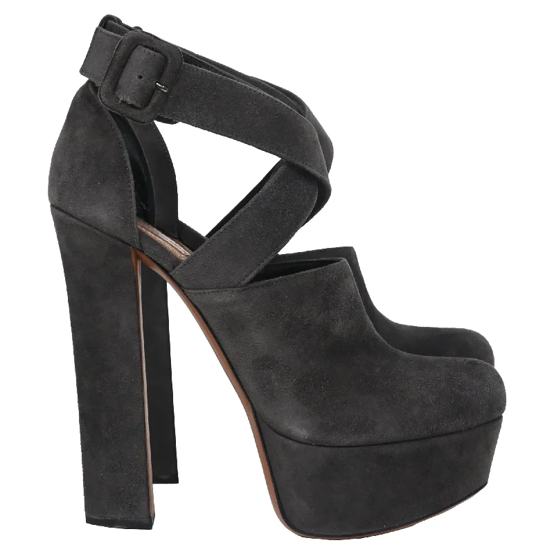 Women's cocktail party stiletto heel pumps with a unique patternAlaïa Cross Strap Chunky Heel Platform Pumps in Grey Suede