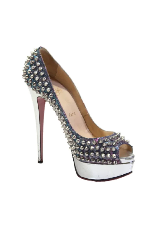 Women's brocade stiletto heel pumps with a vintage feelChristian Louboutin Womens Leather Studded Peep Toe Pumps Silver