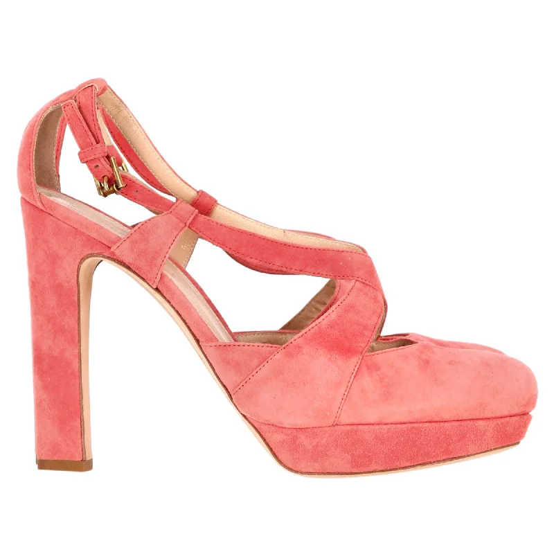 Women's bronze stiletto heel pumps for a warm and metallic lookJil Sander Cross Strap Chunky Heel Platform Pumps in Coral Suede