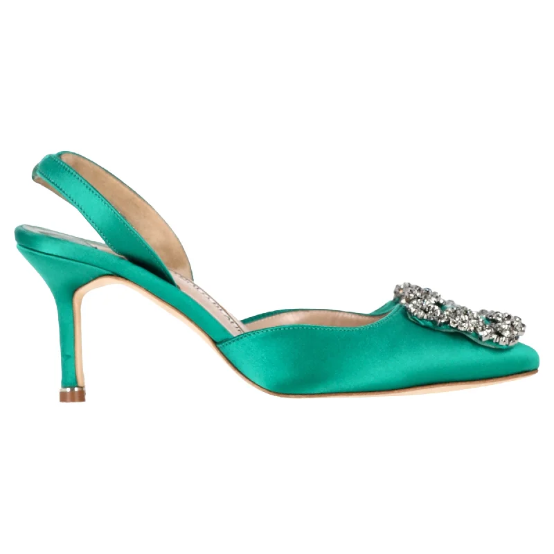 Women's snakeskin - embossed stiletto heel pumps for a bold statementManolo Blahnik Hangisi70 Embellished Slingback Pumps in Green Satin