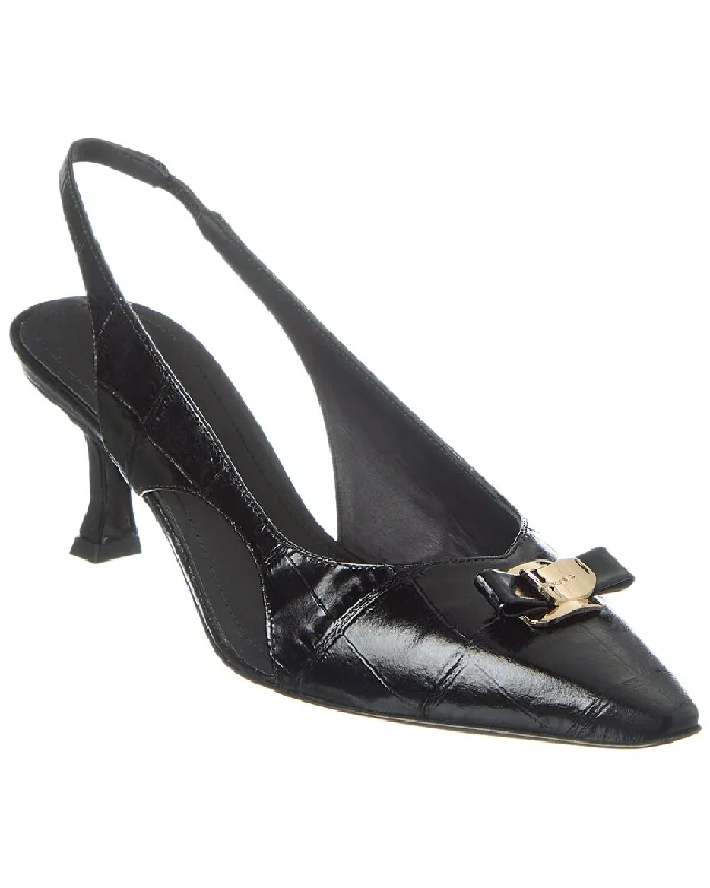 Women's office - appropriate stiletto heel pumps with a low - heel optionFerragamo Mini Bow Zarula Croc-Embossed Leather Slingback Pump