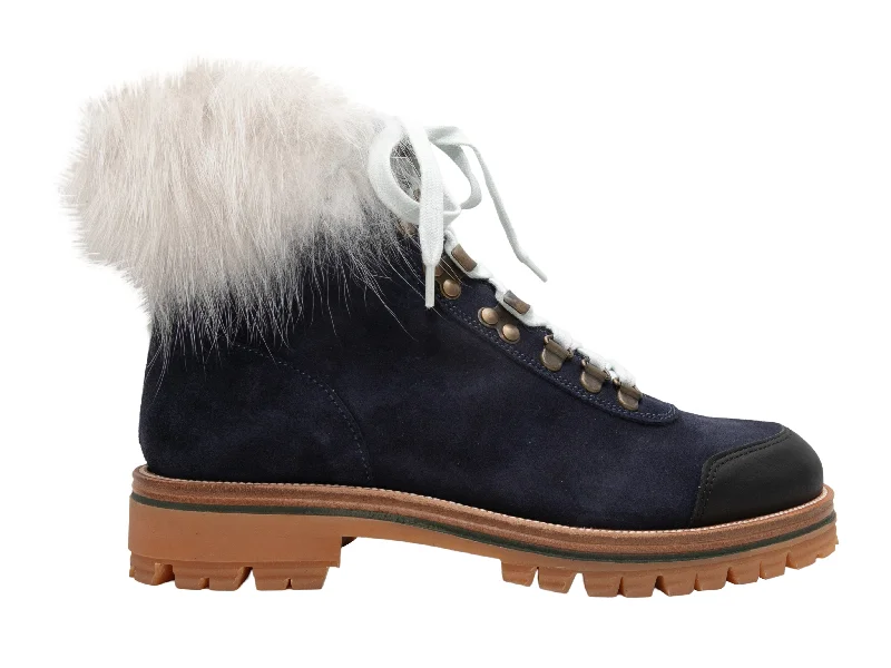 Women's Wedge - Heeled Ankle Boots in Navy Blue for a Comfortable and Trendy OptionNavy & White Mr & Mrs Italy Suede Fur-Trimmed Hiking Boots Size 38