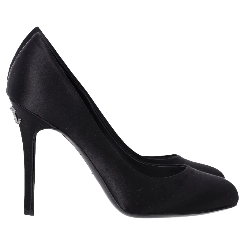 Women's microfiber stiletto heel pumps with moisture - wicking propertiesChanel Back Logo Pumps in Black Satin