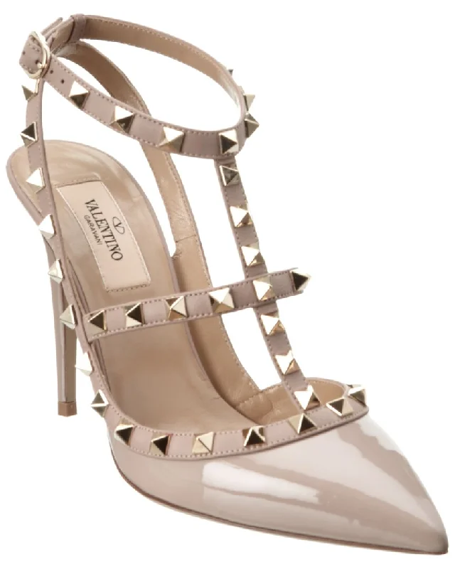 Women's charcoal gray stiletto heel pumps for a neutral yet stylish optionValentino Rockstud Caged 100 Patent Pump