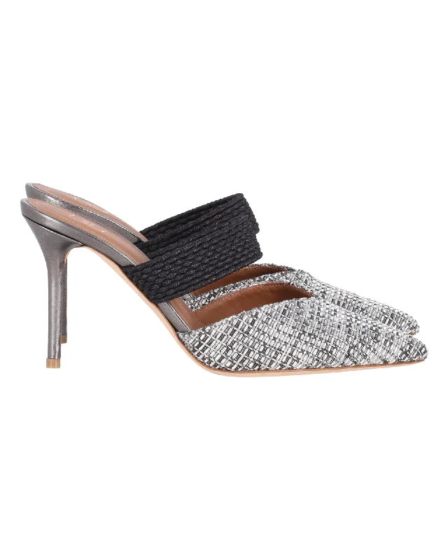 Women's strappy open - toe stiletto heel pumps with rhinestonesMalone Souliers Maisie Woven Pointed Toe Mule Pumps in Silver Nylon