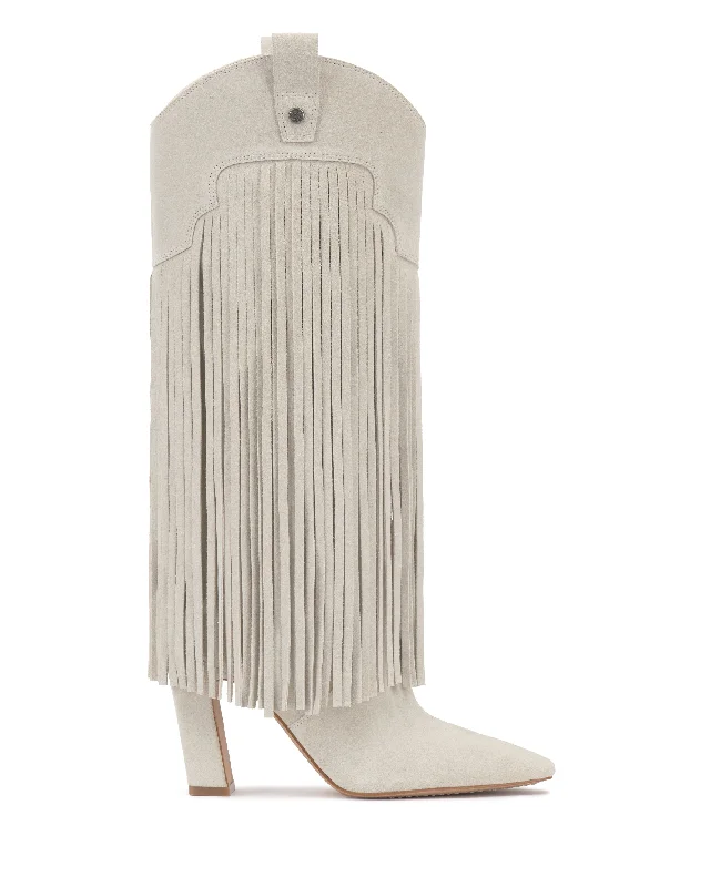 Women's Mid - Calf Suede Boots in Beige with Tassel Trim for a Boho - Inspired StyleShela Boot