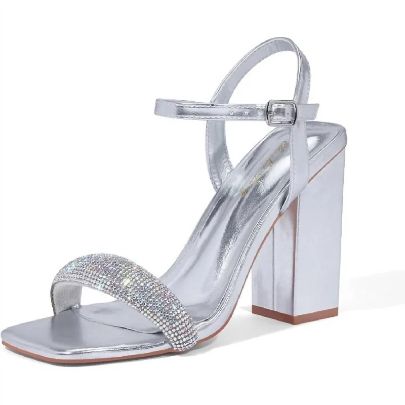 Women's charcoal gray stiletto heel pumps for a neutral yet stylish optionWomen's Rhinestone Ankle Strap Block Heels In Silver