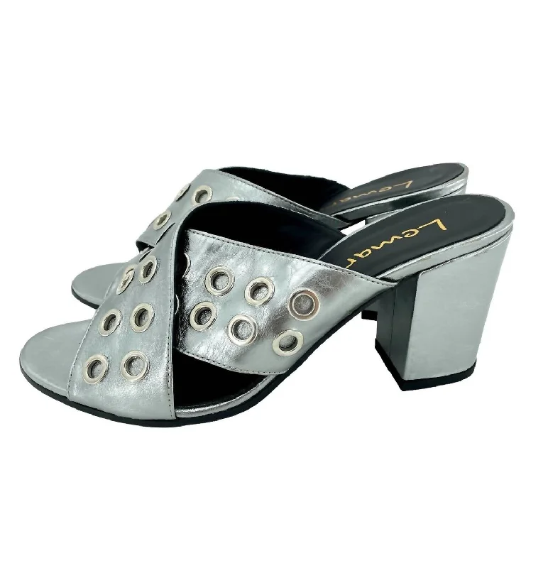 Women's mustard yellow stiletto heel pumps for a trendy pop of colorWomen's Metallic Cross Grommet Block Heel Sandals In Pewter