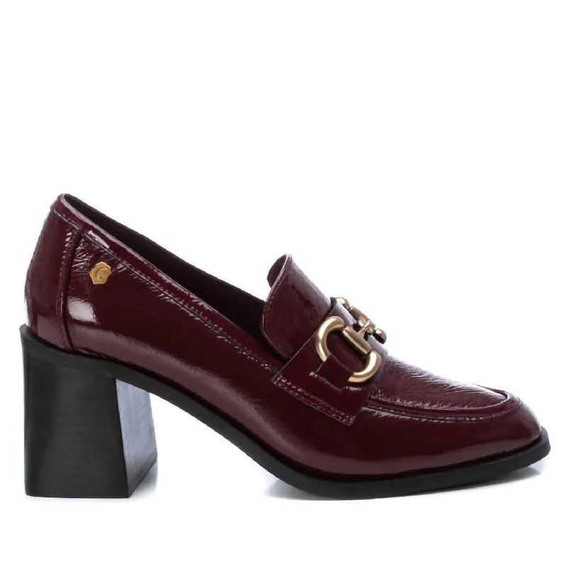 Women's prom stiletto heel pumps in a shimmery fabricCarmela Collection Patent Leather Heeled Loafers In Burgundy