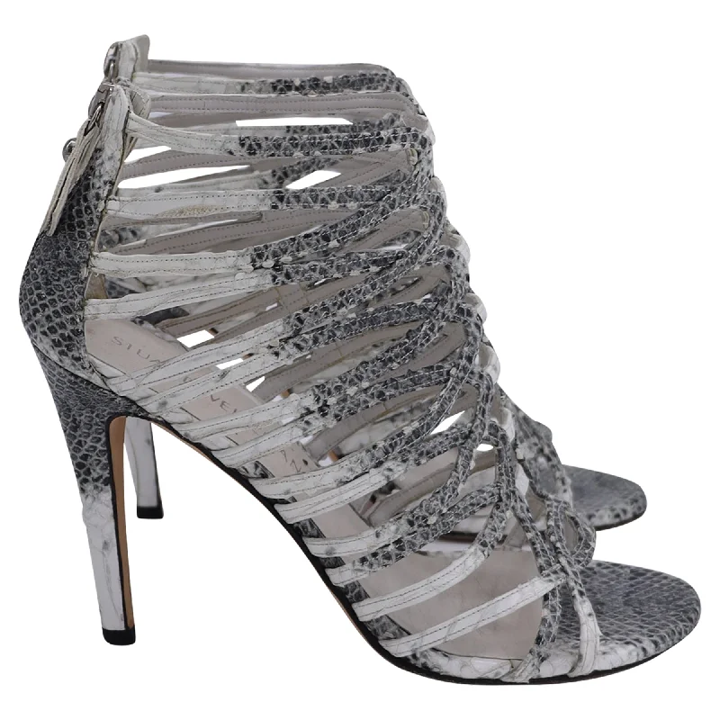 Women's lace - trimmed stiletto heel pumps with a scalloped edgeStuart Weitzman Loops Strappy Sandals in Grey Python-Embossed Leather