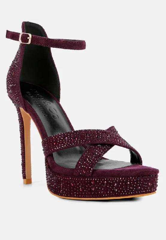 Women's mustard yellow stiletto heel pumps for a trendy pop of colorREGALIA Purple Rhinestone Embellished Stiletto Sandals