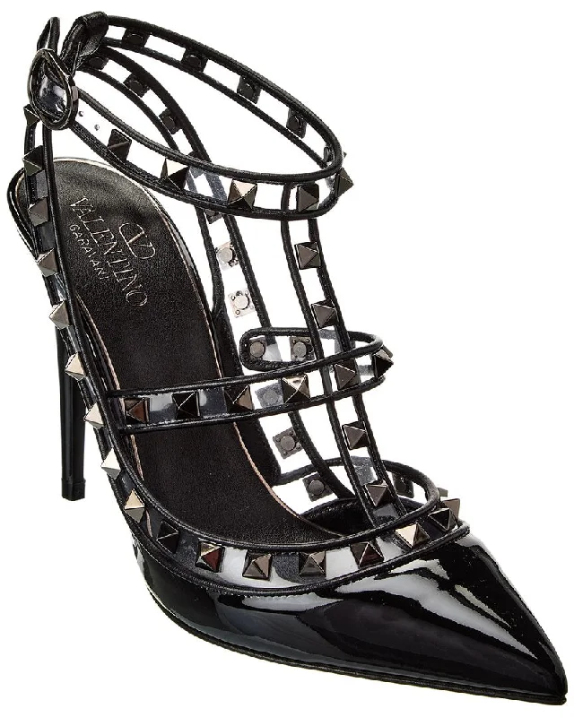 Women's ankle - strap stiletto heel pumps with a cut - out detailValentino Rockstud Caged 100 Patent & Vinyl Pump