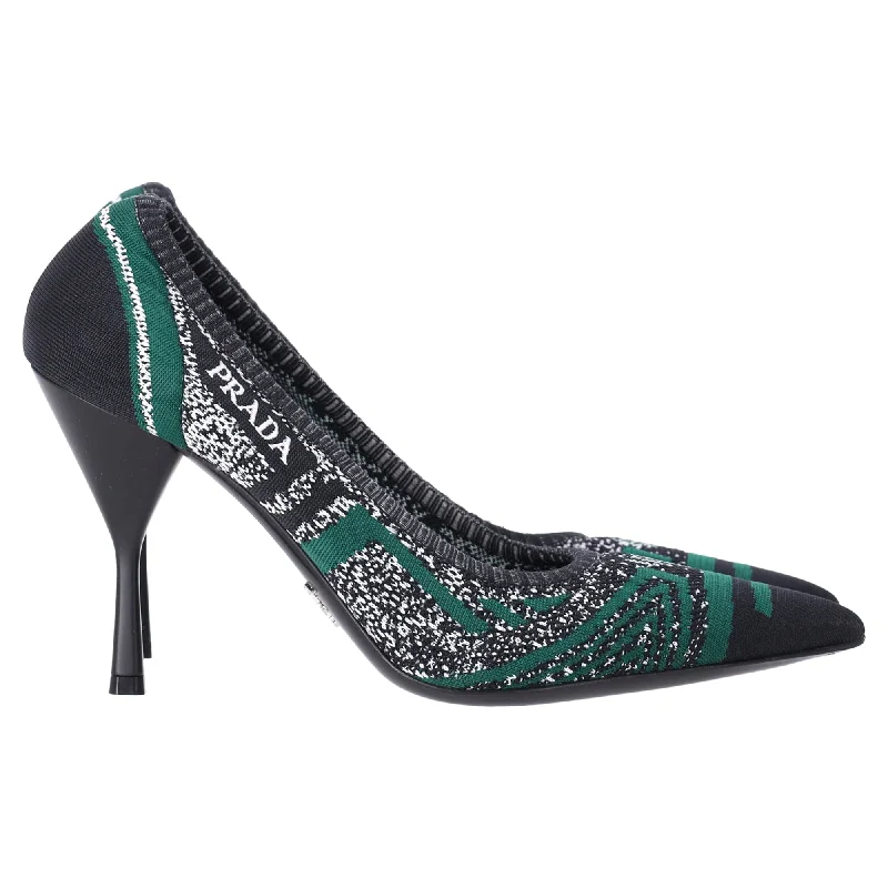 Women's genuine leather stiletto heel pumps with a soft finishPrada Printed Knit Pointed Pumps in Green and Black Polyester