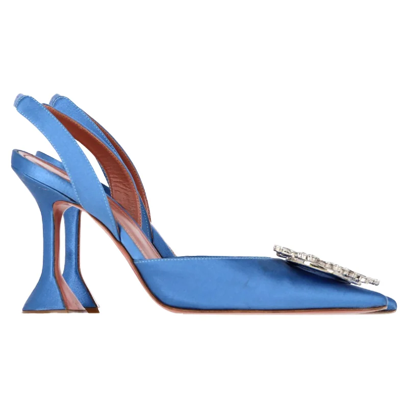 Women's studded stiletto heel pumps for an edgy lookAmina Muaddi Begum Embellished Pointed Slingback Pumps in Blue Satin