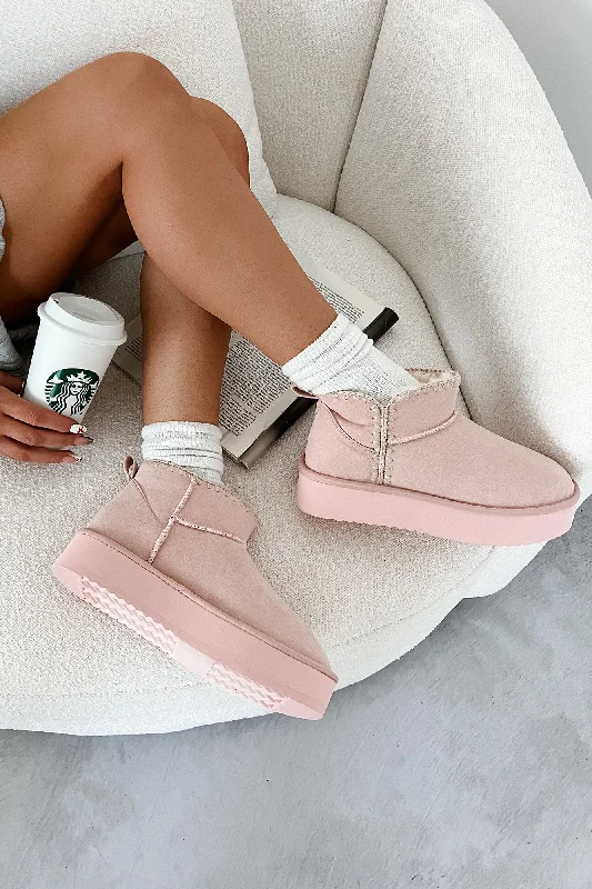 Women's Mid - Calf Suede Boots in Beige with Tassel Trim for a Boho - Inspired StyleSitka Style Contrast Stitch Platform Ankle Booties (Pink)