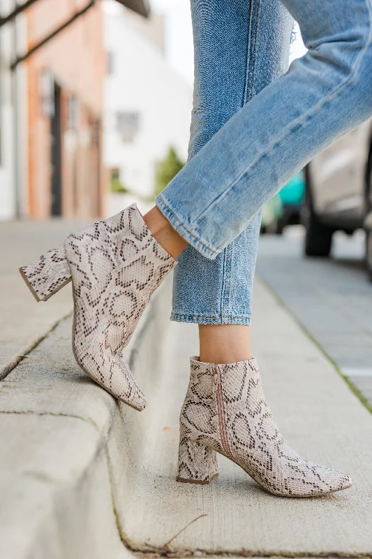 Women's Ankle Booties with Faux Leather and Furry Cuffs in Tan for a Cute and Warm StyleTake A Picture Beige Brown Snake Booties