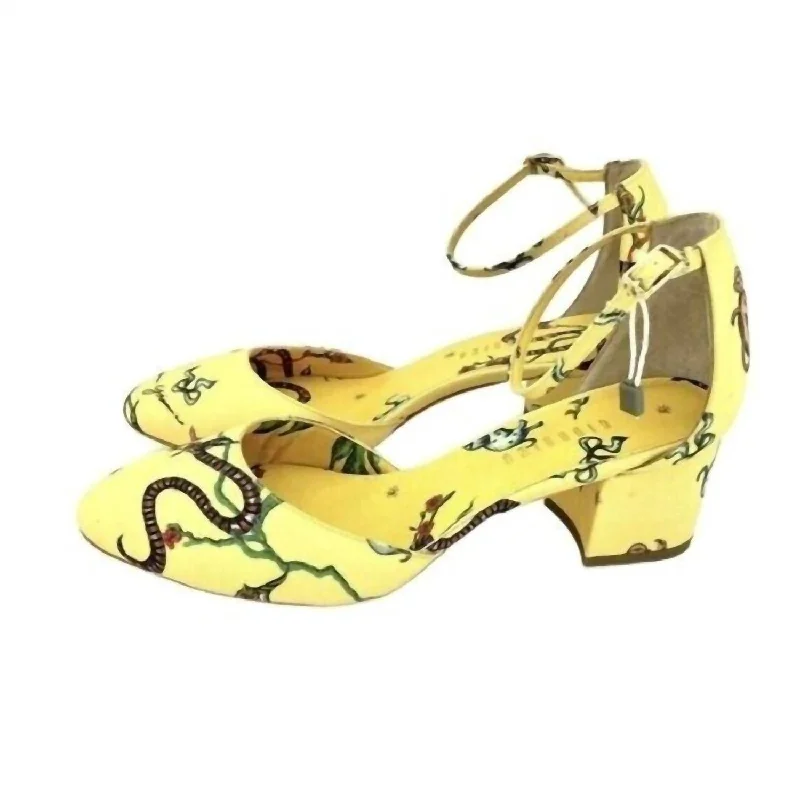 Women's peach stiletto heel pumps for a soft and feminine appealBrighton Printed Ankle Block Heels In Yellow