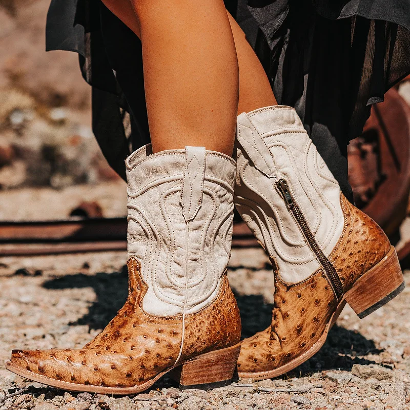 Women's Combat Boots with Studded Details in Olive Green for an Edgy Punk LookWarrick - Tan Ostrich Multi