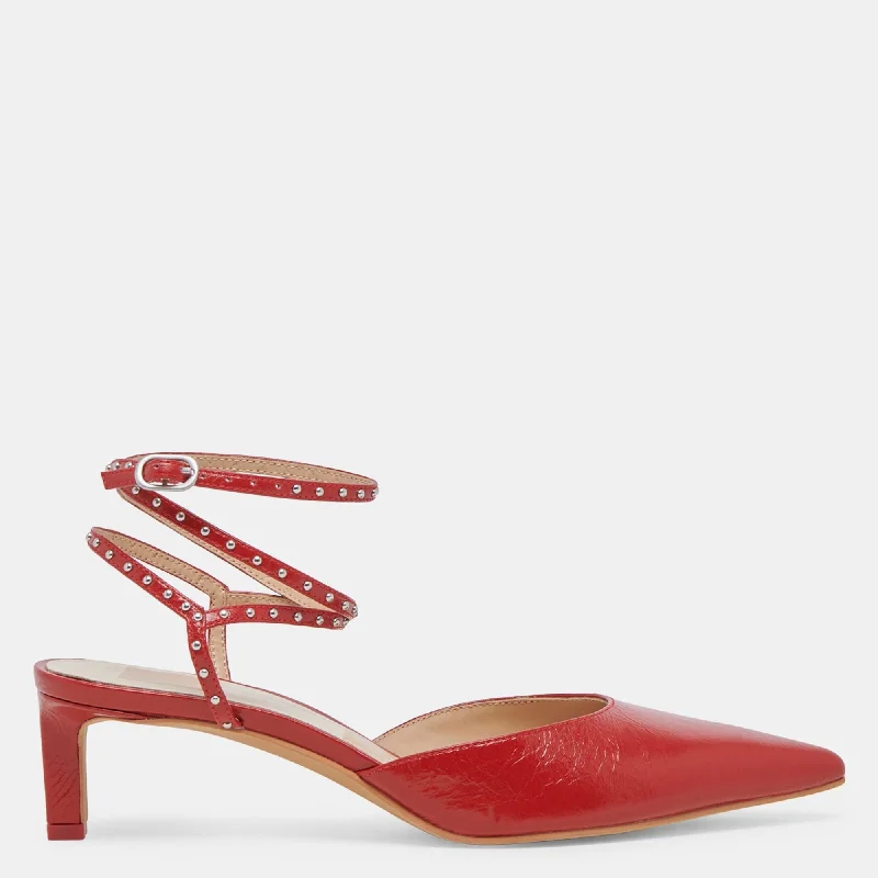 Women's platform stiletto heel pumps with a chunky soleLoklyn Stud Heels Red Crinkle Patent