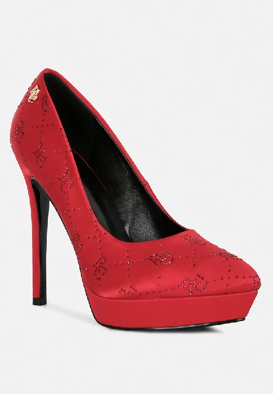 Women's holiday party stiletto heel pumps with a festive touchBALLARD Red Monogram Satin Stiletto Pumps