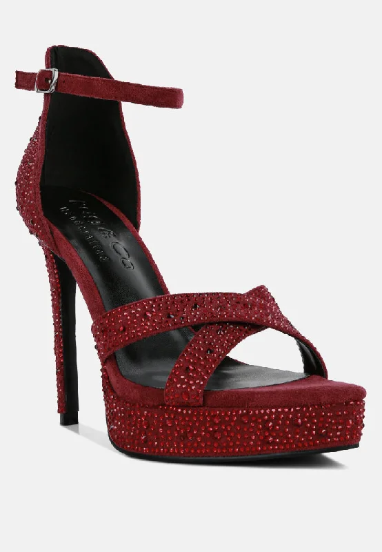 Women's teal stiletto heel pumps for a unique and modern lookREGALIA Burgundy Rhinestone Embellished Stiletto Sandals