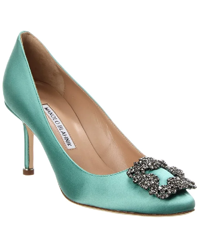 Women's pointed - toe slingback stiletto heel pumps in a peep - toe designManolo Blahnik Hangisi 90 Satin Pump