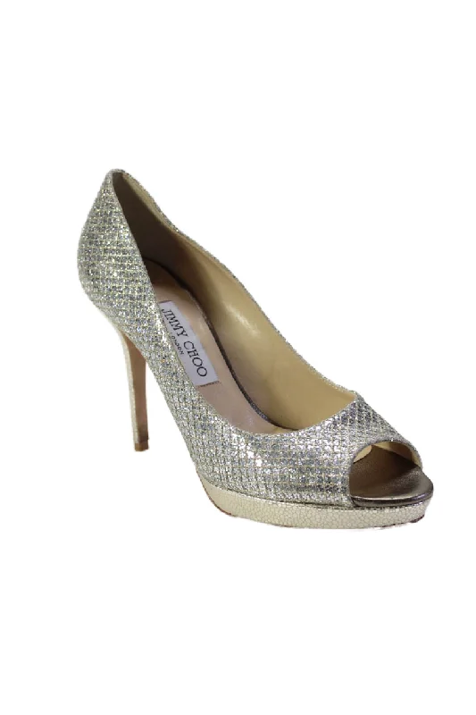 Women's charcoal gray stiletto heel pumps for a neutral yet stylish optionJimmy Choo Womens Glittery Gold Textured Peep Toe Platform Pumps Shoes