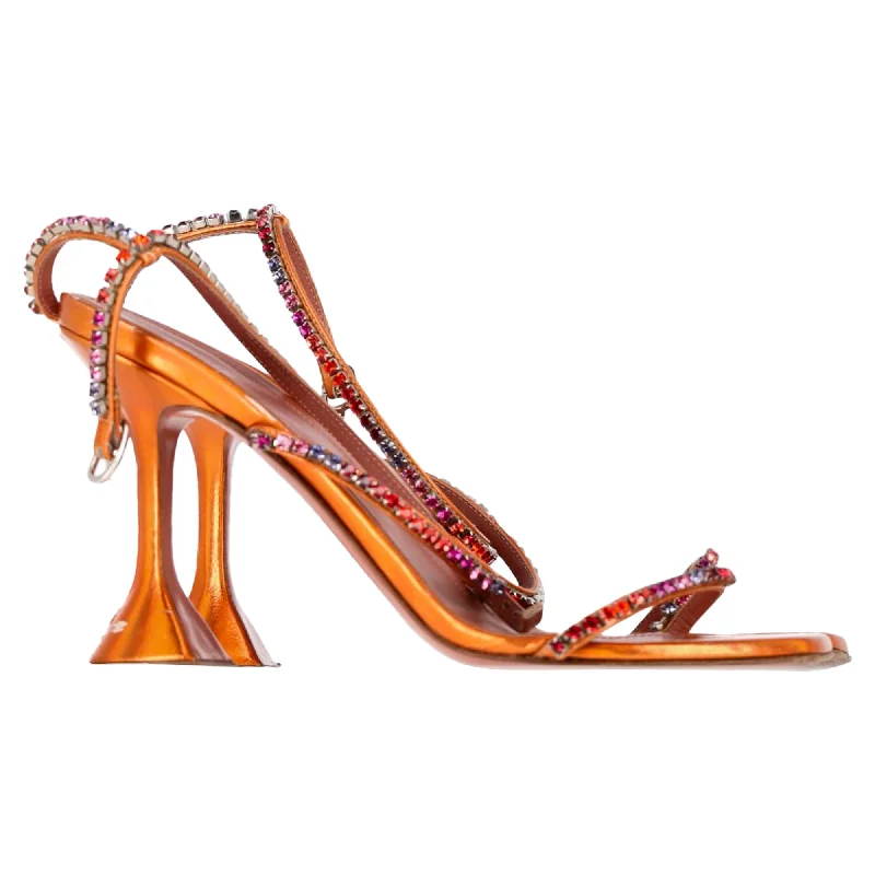 Women's tassel - adorned stiletto heel pumps for a bohemian touchAmina Muaddi Gilda Embellished Ankle Strap Sandal Heels in Orange Calf Leather