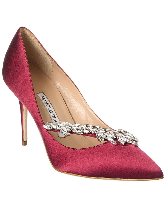 Women's metallic leather stiletto heel pumps with a reflective surfaceManolo Blahnik Nadira 90 Satin Pump