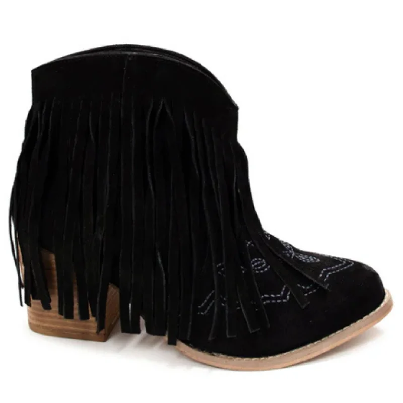 Women's Mid - Calf Suede Boots in Beige with Tassel Trim for a Boho - Inspired StyleOnline Exclusive | Amos Fringe Ankle Bootie in Black