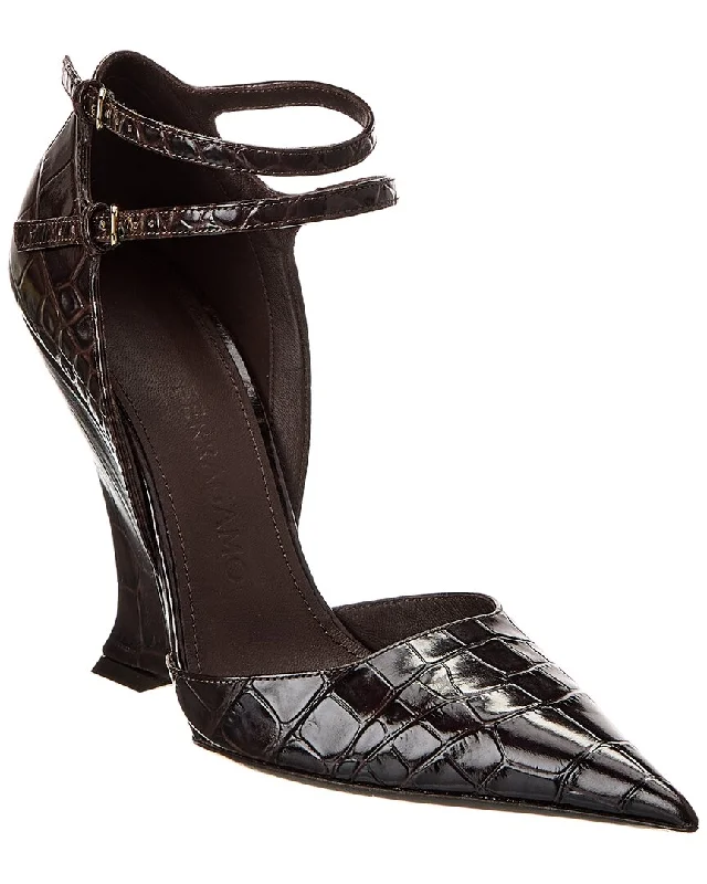 Women's non - slip stiletto heel pumps for safety on slippery floorsFerragamo Vidya Croc-Embossed Leather Wedge Pump