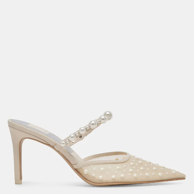 Women's mule - style stiletto heel pumps with a bow accentKatik Pearl Heels Ivory Mesh