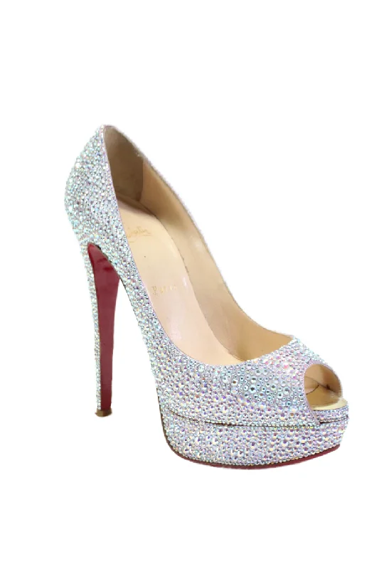 Women's faux suede stiletto heel pumps for a budget - friendly optionChristian Louboutin Womens Jeweled Peep Toe Platform Pumps Silver