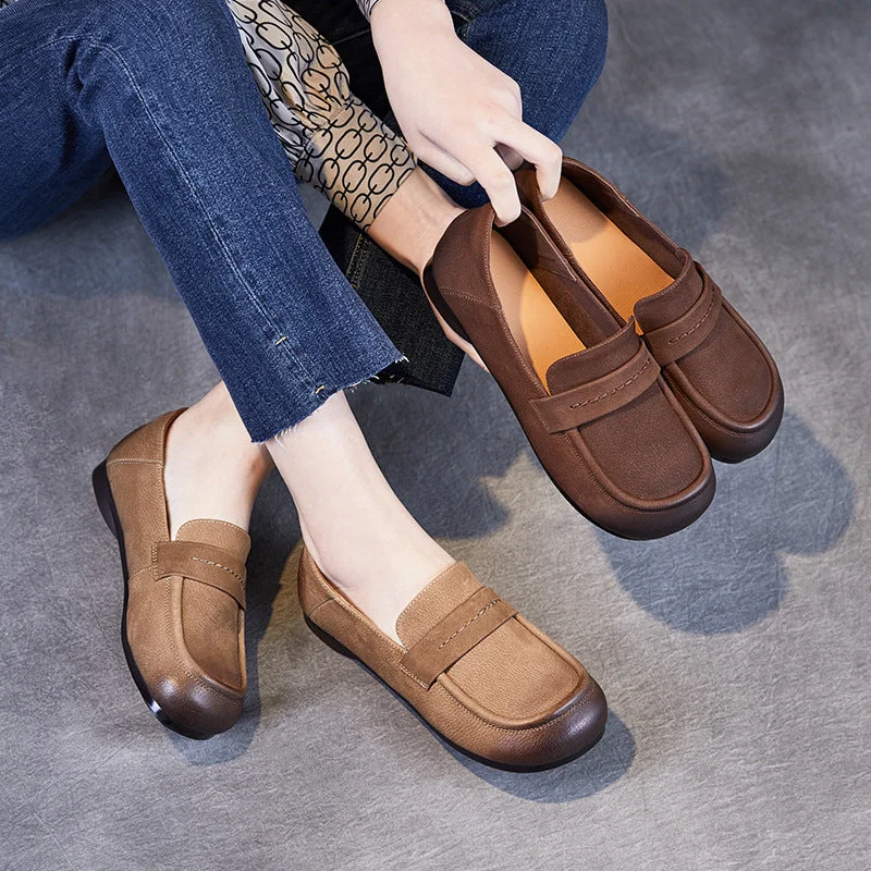 Women's Fur - Lined Loafers in Tan for a Cozy Winter OptionWomen Retro Solid Leather Casual Flat Soft Loafers