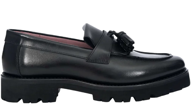 Women's Tassel - Trimmed Loafers with a Low Heel in Olive Green for a Trendy TwistTia - Black Calf