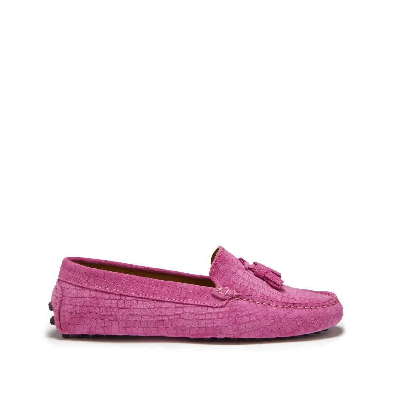 Child - Friendly Women's Loafers in Purple for Moms on the GoWomen's Tasselled Driving Loafers, pink embossed suede