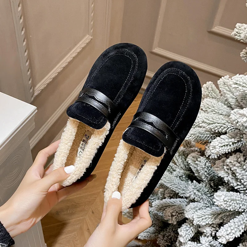 Waterproof Women's Loafers in Black for Rainy DaysWomen Winter Furred Flat Casual Loafers