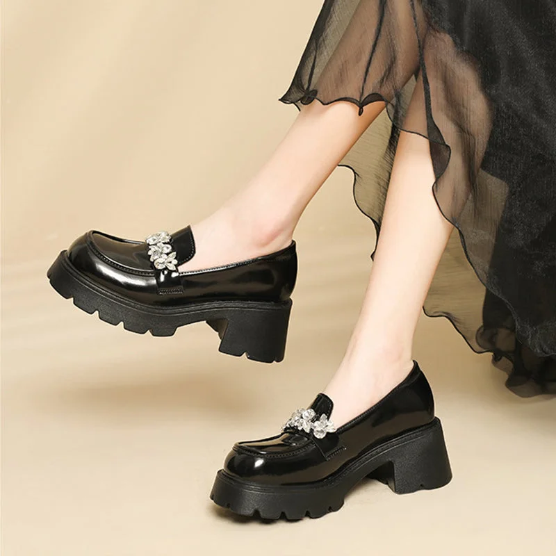 Waterproof Women's Loafers in Black for Rainy DaysWomen Casual Leather Crystal Chunky Heel Loafers