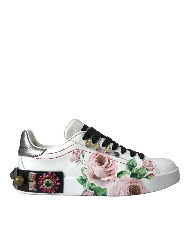 Retro - Style Women's Sneakers in Pastel Colors for a Nostalgic and Fashionable VibeDolce & Gabbana  Leather Crystal Roses Floral Sneakers Women's Shoes